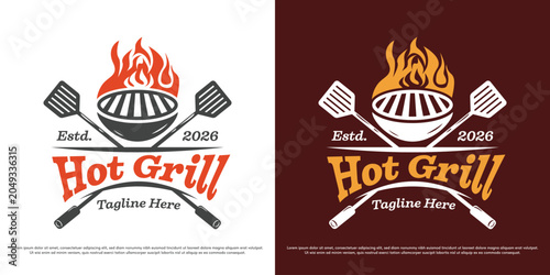 Hot grill barbecue logo design illustration vector. Crossed spatula with grill pan and fire silhouette. Outdoor cooking restaurant icon symbol.