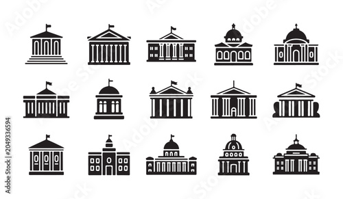 Obraz na płótnie Set of classic government building silhouettes with greek columns and dome architecture
