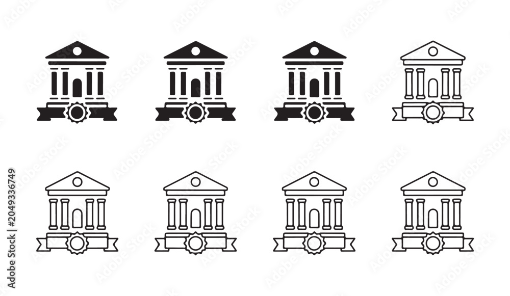 Fototapeta premium Icon set of university academic building with graduation certificate seal and ribbon banner.