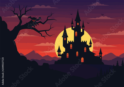 A haunting castle silhouette at dusk with a spooky tree