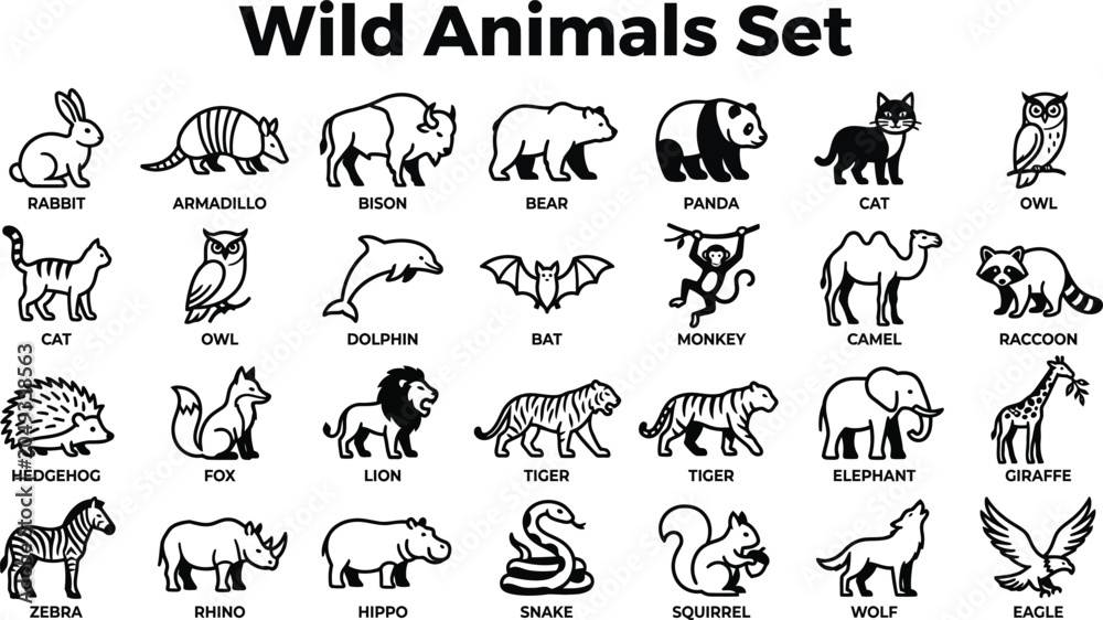 Fototapeta premium Wild Animals Set Black Outline Icons