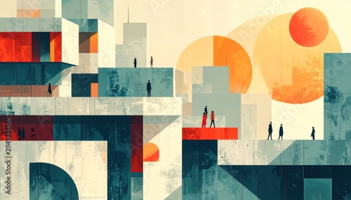 Abstract architectural cityscape with figures, geometric shapes, and warm hues