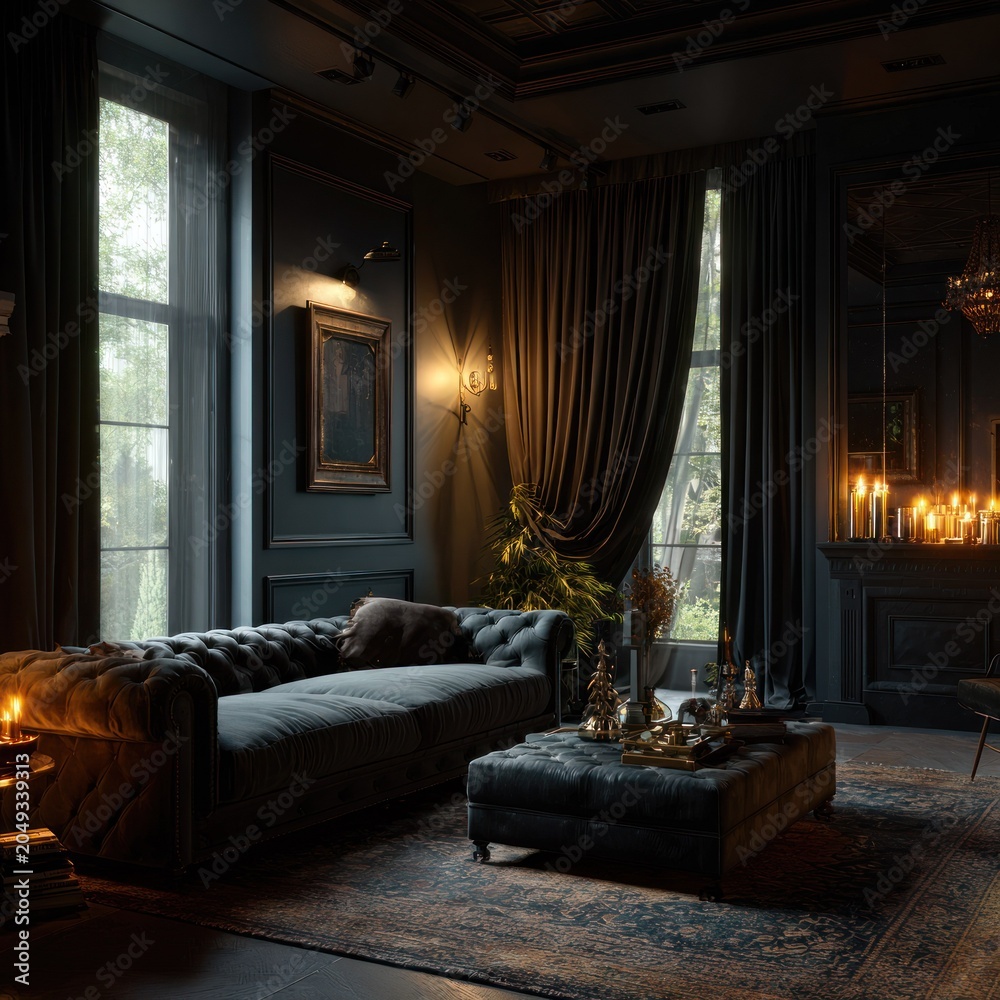 Fototapeta premium Luxurious parlor room features dark paneled walls, deep seating, and ambient lighting from windows and candles