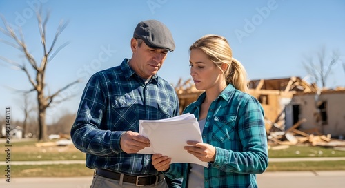 Man and woman reviewing paperwork outdoors near damaged home in rural area, lifestyle photo from close viewpoint