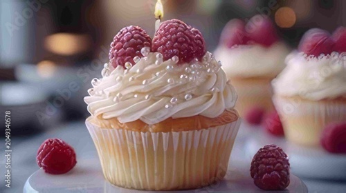 A delectable vanilla cupcake topped with creamy frosting, fresh raspberries, and a single lit birthday candle, perfect for any celebration.