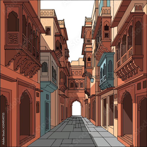 Foto Ornate buildings line a narrow street with archways