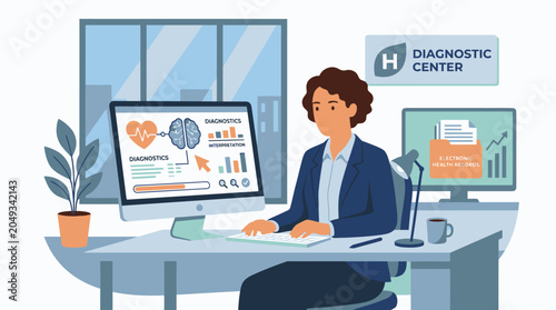 Female Doctor Analyzing Medical Data on Computer in Modern Diagnostic Center.