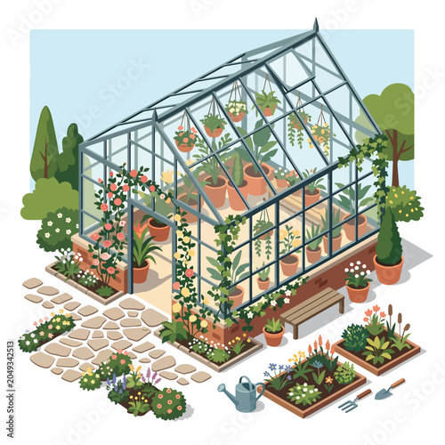 Schilderij op canvas Greenhouse with plants and gardening tools.