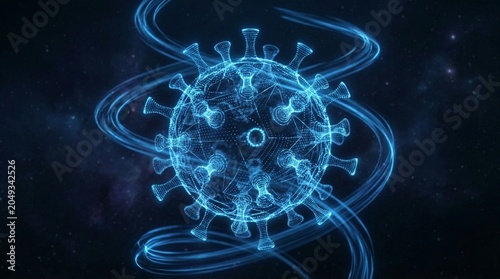 Virus-Like Particle Spinning in Space – Blue Glowing Digital Sphere Medical Tech Loop 4K