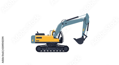 A yellow and grey excavator on a white background.