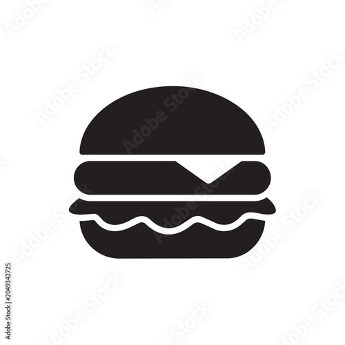 Silhouette of a burger with a round bun and layered ingredients on white background
