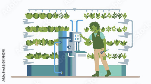 Gardener Tending Modern Hydroponic Vertical Farm System.