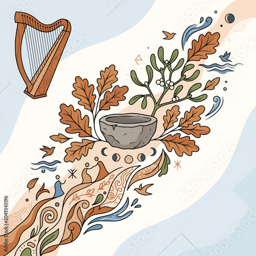 Quadro su tela Harp Leaves Oak Celtic Symbolism Music.