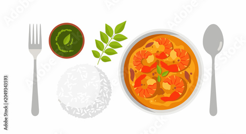 Top view of a delicious shrimp curry with rice, chutney and garnish