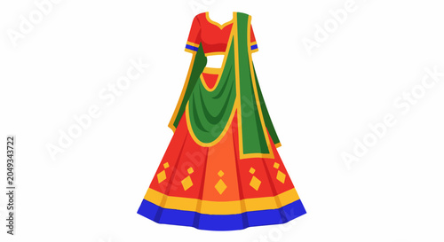 Traditional Indian lehenga with vibrant red, orange, yellow, green, and blue colors