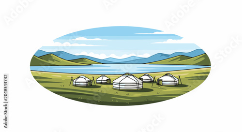 Traditional dwellings dot a grassy plain beside a tranquil lake with mountains