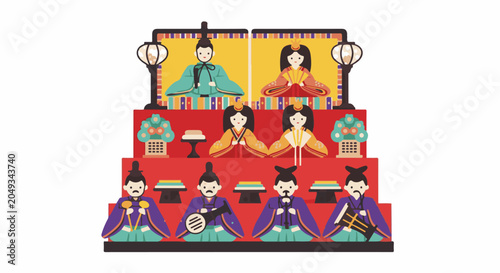Traditional Japanese dolls displayed on a tiered stand, adorned with ornate attire