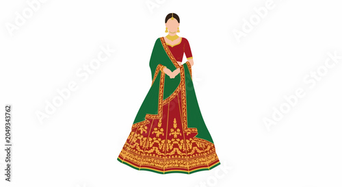 Traditional Indian woman in ornate red and green attire, adorned with gold jewelry