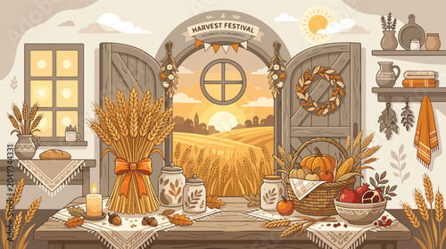 Quadro su tela Harvest themed kitchen interior with wheat.