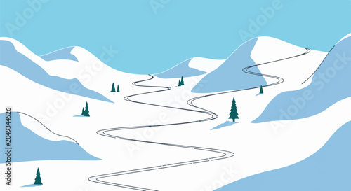 Winding ski slope descends through snowy mountains under a clear sky
