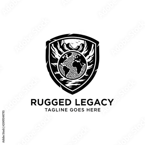 Tableau sur toile Powerful shield logo design with earth and flame wings, suitable for security firms, logistics, or established international companies