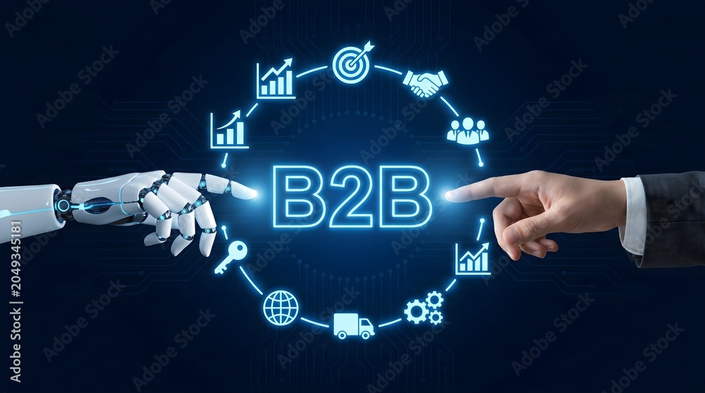 Obraz premium B2B business concept with robot and human hands, digital marketing icons and glowing text, artificial intelligence in corporate commerce