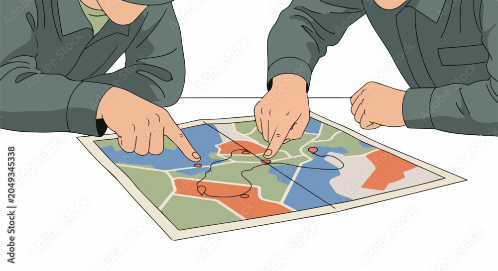 Fototapeta premium Two people analyze a map, pointing to different locations for planning