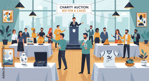Schilderij op canvas A charity auction event with people bidding on various items