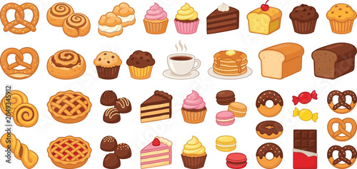 Foto Bakery and Dessert Food Icons Collection with Cakes Cupcakes Donuts Pastries and