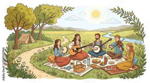 Foto Women playing musical instruments outdoors together.