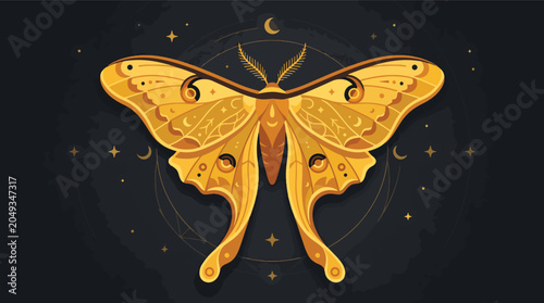 Schilderij op canvas Golden Luna Moth Under Starry Night.