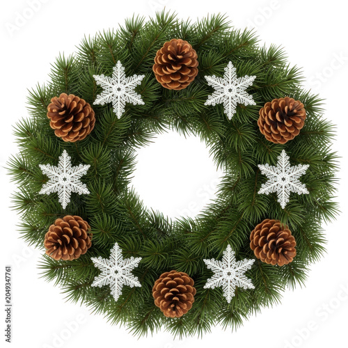 Christmas wreath with snowflakes and red bows isolated