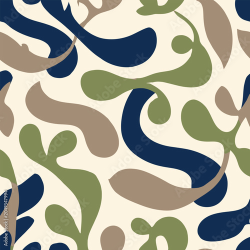 Seamless vector pattern with abstract organic fluid shapes and wavy lines. Modern minimal camouflage background in navy blue, sage green, and beige for textile fabric