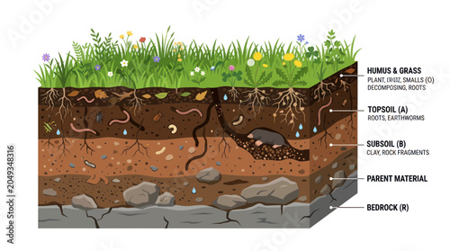 Foto Soil Profile Cutaway: Layers of Earth, Roots, Worms, and Grass Ecosystem