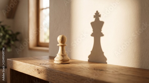 Wooden pawn casting a king shadow on a wall, symbolizing ambition, inner strength, and hidden potential