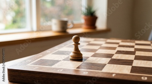 ​A single wooden pawn chess piece on a chessboard near a window. Concept for starting small, potential, future planning, and growth.