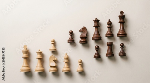 Chess pieces arranged in diagonal line on beige background for growth and strategy concept