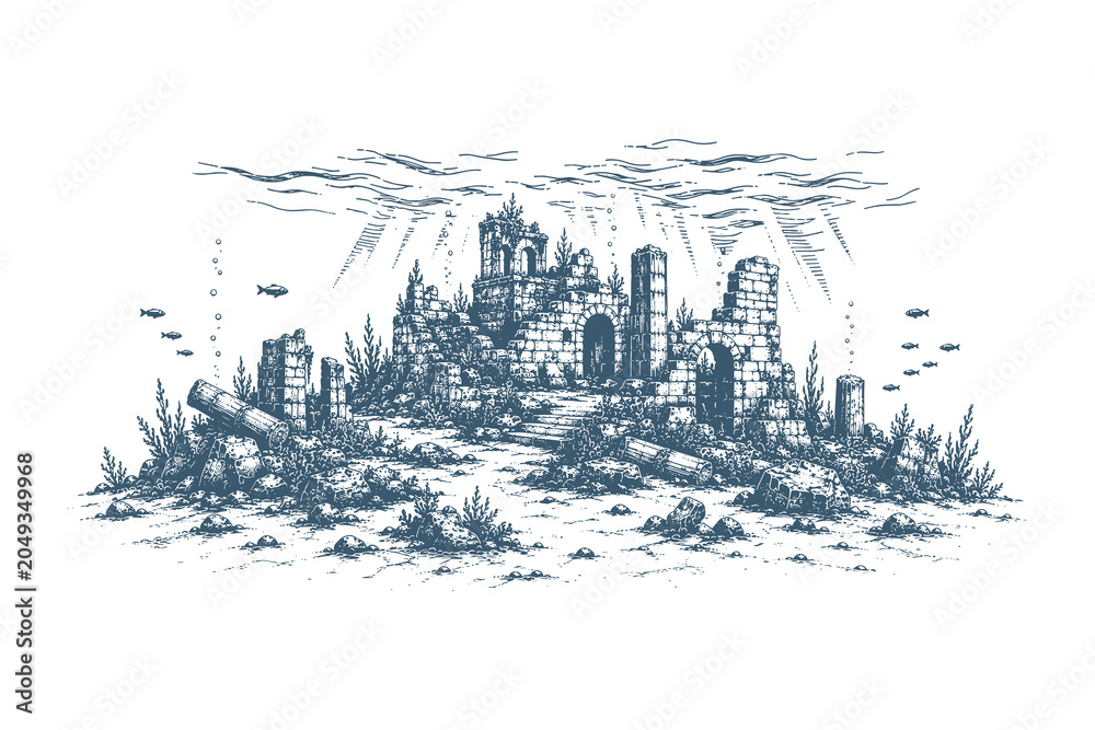 Fototapeta premium Detailed vintage engraving style vector illustration of a submerged ancient city ruin with crumbling structures graphic resource