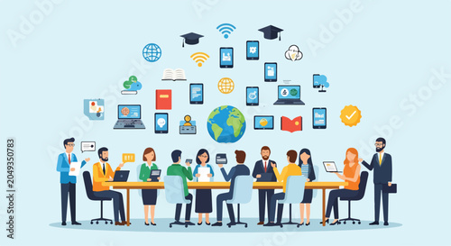 Foto A diverse group of professionals engaged in a meeting with digital devices
