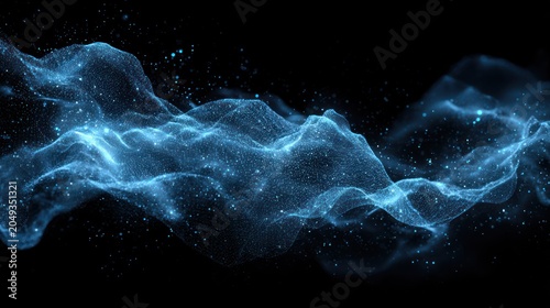 Glowing blue particulate matter flows across a dark background in a dynamic abstract wave