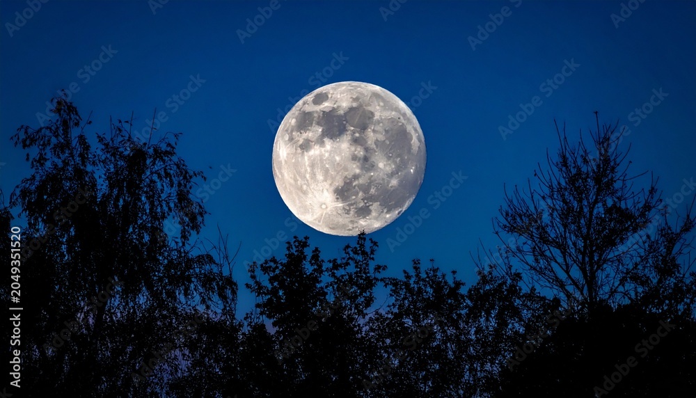 Fototapeta premium A luminous full moon shining brightly above silhouetted trees in a deep blue night sky, creating a mystical and atmospheric natural scene. Suitable for seasonal content, astronomy projects,