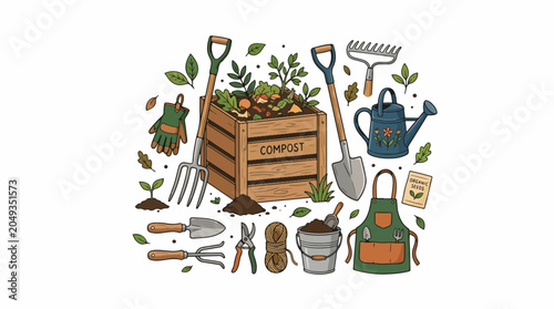 Obraz na plátně Gardening tools and wooden crate with plants.