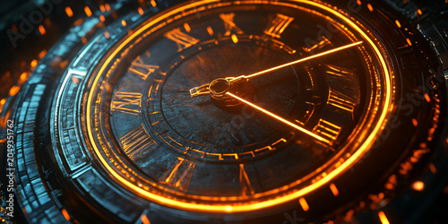 Futuristic Glowing Clock Interface With Digital Time and Technology Concept