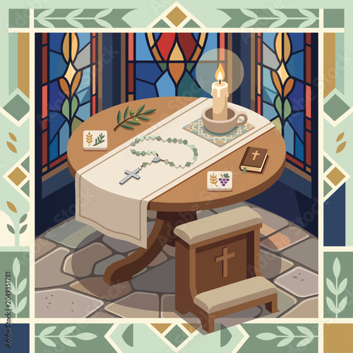 Foto Holy table with candle and cross.