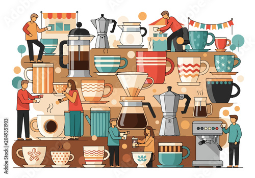 Foto A colorful illustration depicting people enjoying coffee