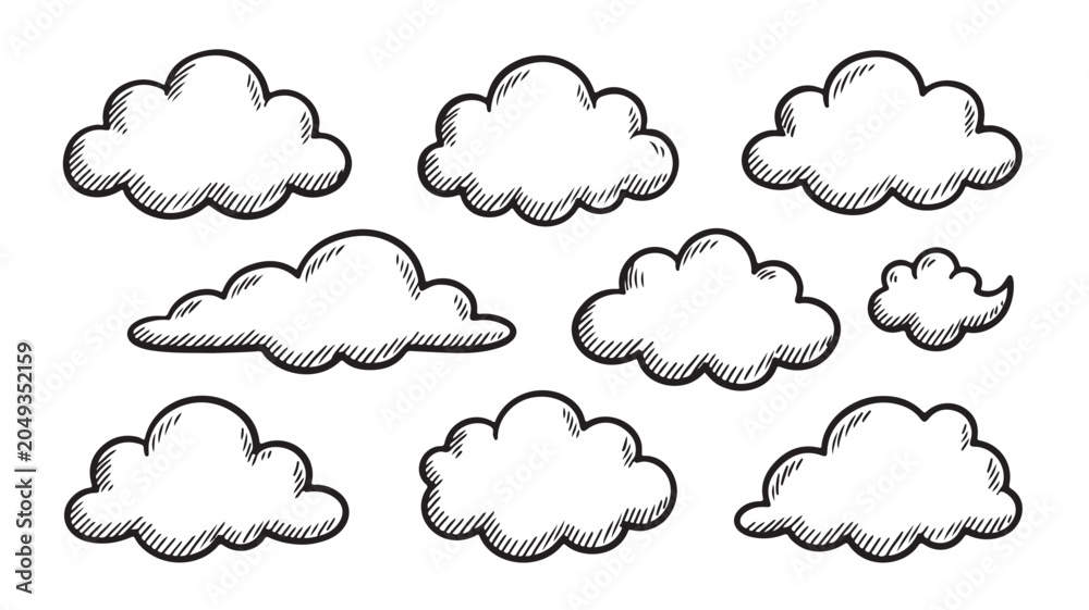 Obraz premium Cloud Vector Set: Hand Drawn Black and White Weather Illustrations and Icons