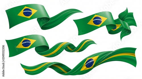 Brazil Flag Waving Ribbons Set Isolated on White Background