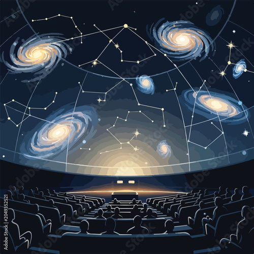 Tableau sur toile A digital illustration of a planetarium with people looking at stars