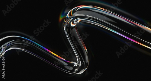 Tableau sur toile 3d iridescent liquid glass ribbon wave line with neon rainbow light texture on abstract black background