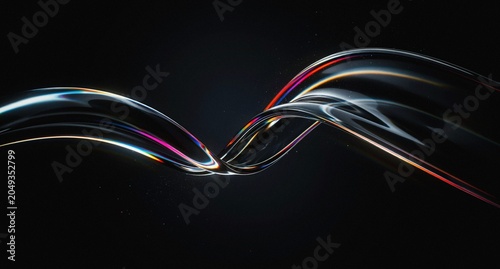Fotografie 3d iridescent liquid glass ribbon wave line with neon rainbow light texture on abstract black background